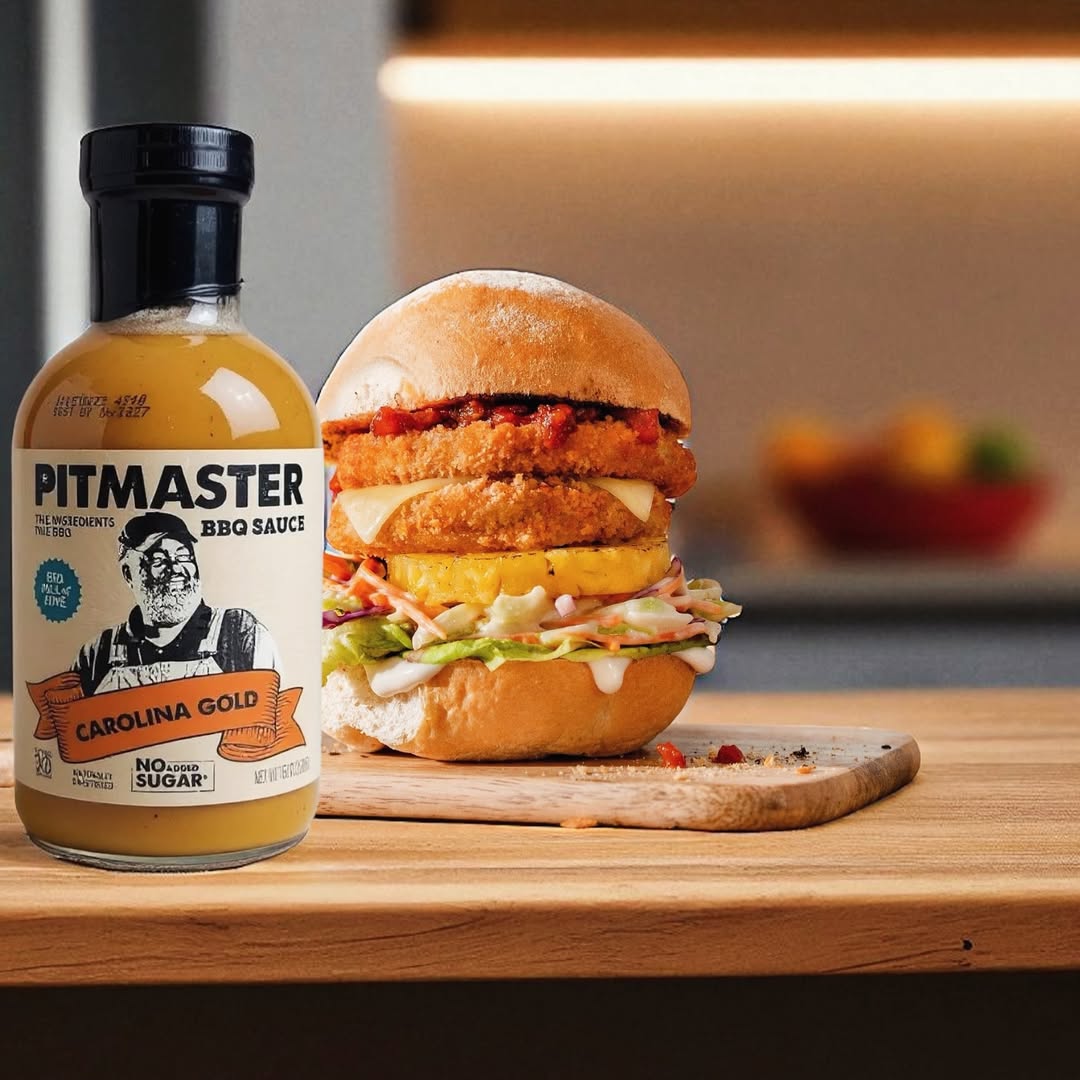 Bottle of Pitmaster Carolina Gold BBQ sauce beside a stacked burger layered with pineapple, coleslaw, and crispy toppings.