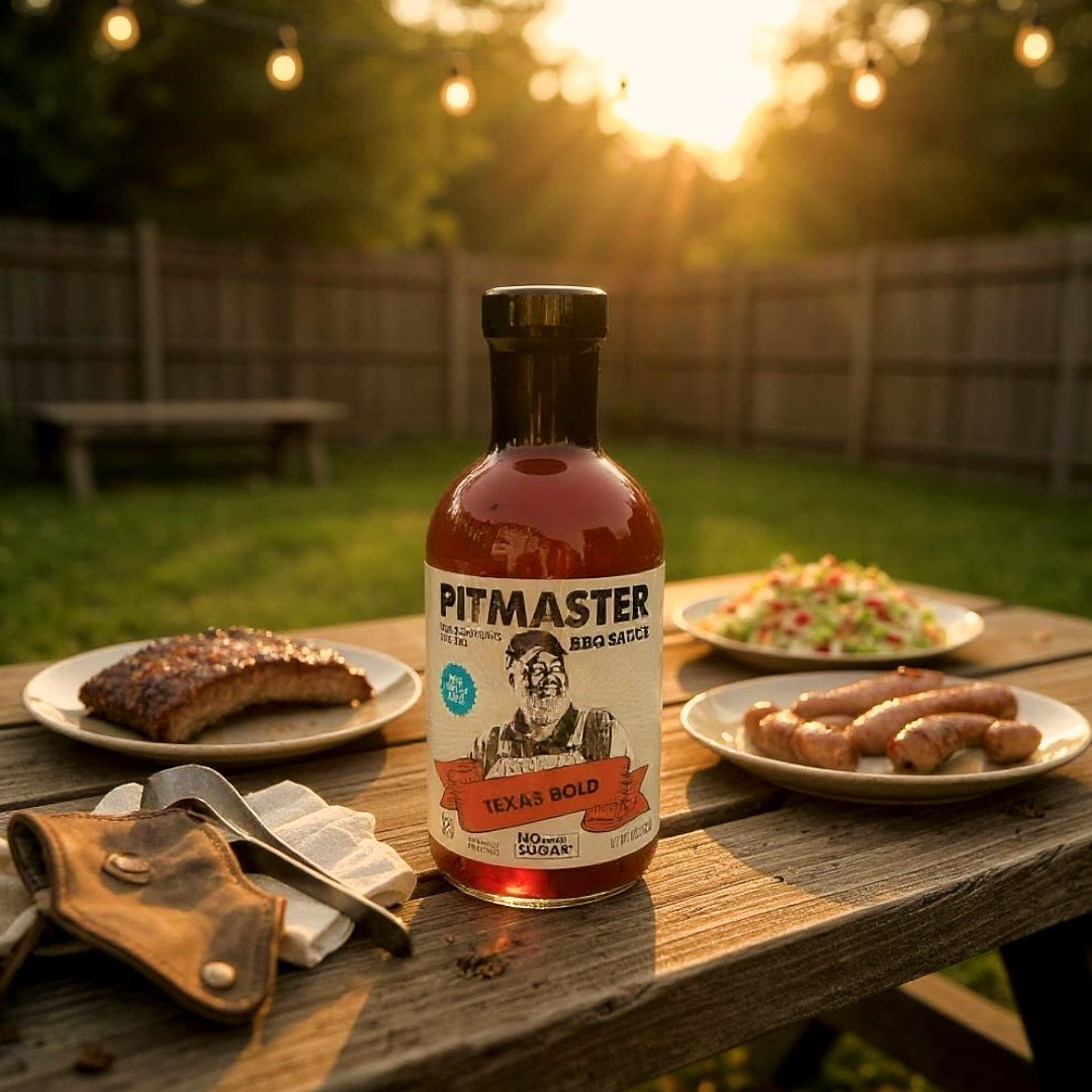 True Made Foods Texas Bold BBQ sauce on a wooden table with grilled meat, sausages, and salad in a backyard setting.