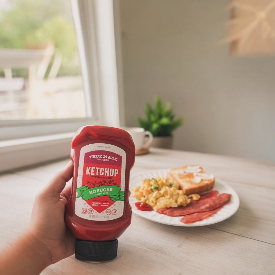 Hand holding True Made Foods no-sugar keto ketchup bottle with a plate featuring eggs, toast, and bacon behind.