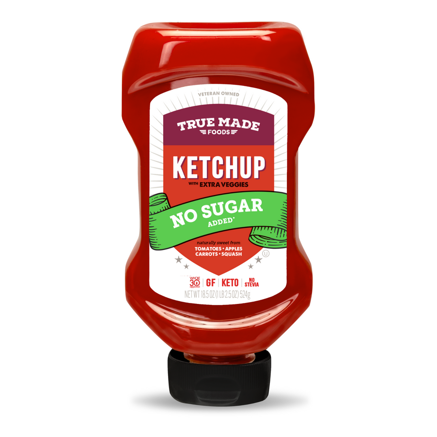 A squeeze bottle of True Made Foods No Sugar Added Ketchup on a clean white background.