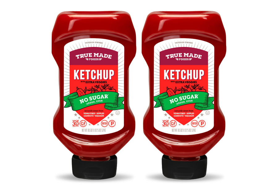 True Made Foods No-Sugar Ketchup in an 18.5 oz squeeze bottle, made with real vegetables and no refined sugar.
