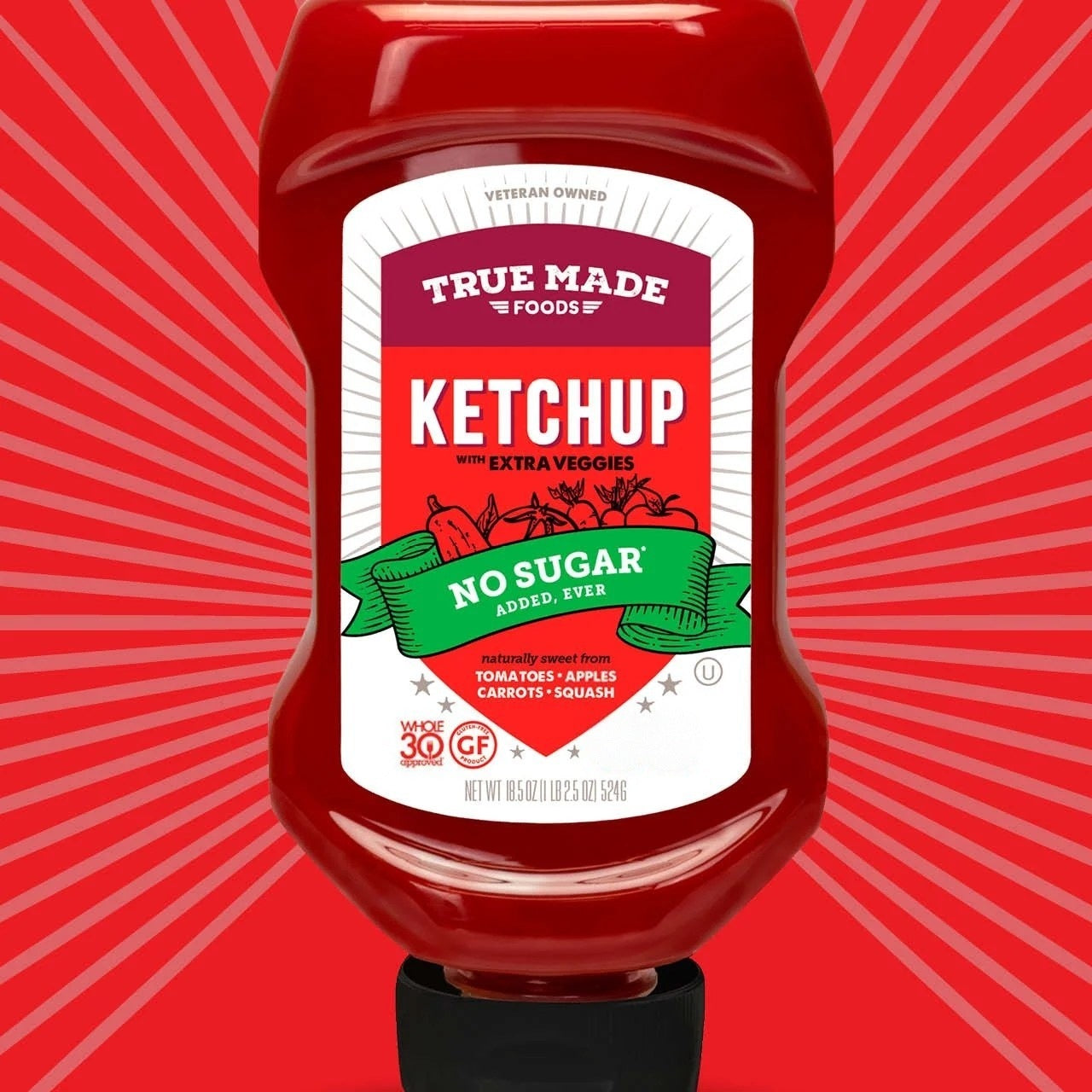 True Made Foods No Sugar Ketchup on a table with its natural ingredients