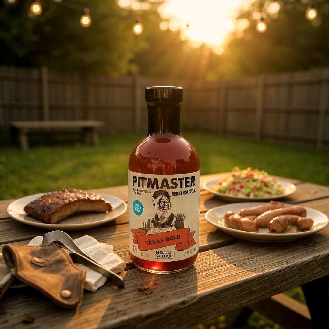 True Made Foods Pitmaster Texas Bold BBQ Sauces at a sunset BBQ
