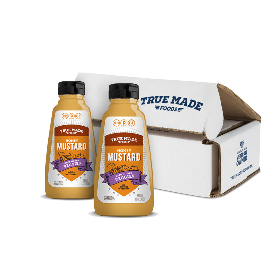 True Made Foods Honey Mustard bottle with hidden veggies and no refined sugar, offering a sweet and tangy flavor.
